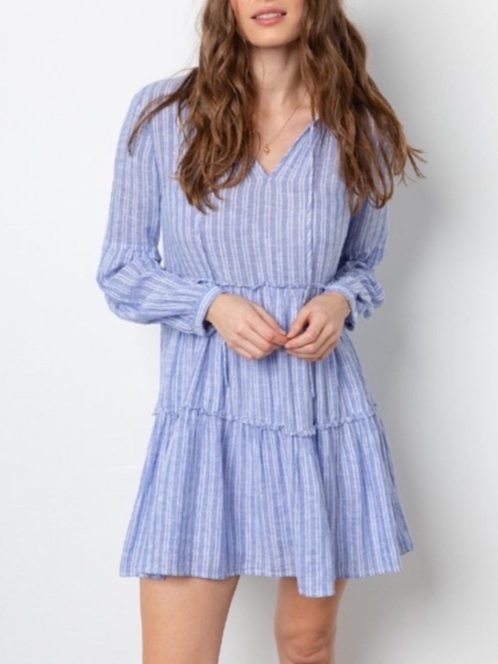 Rails Everly Ludlow Stripe Blue Tiered Long Sleeve Linen Blend Dress